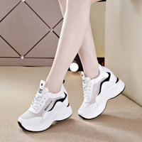 Women's Breathable Mesh Sports Shoes Thick Bottom Casual Flat Platform Sneakers round Toe Mid Heel Cross Buckle