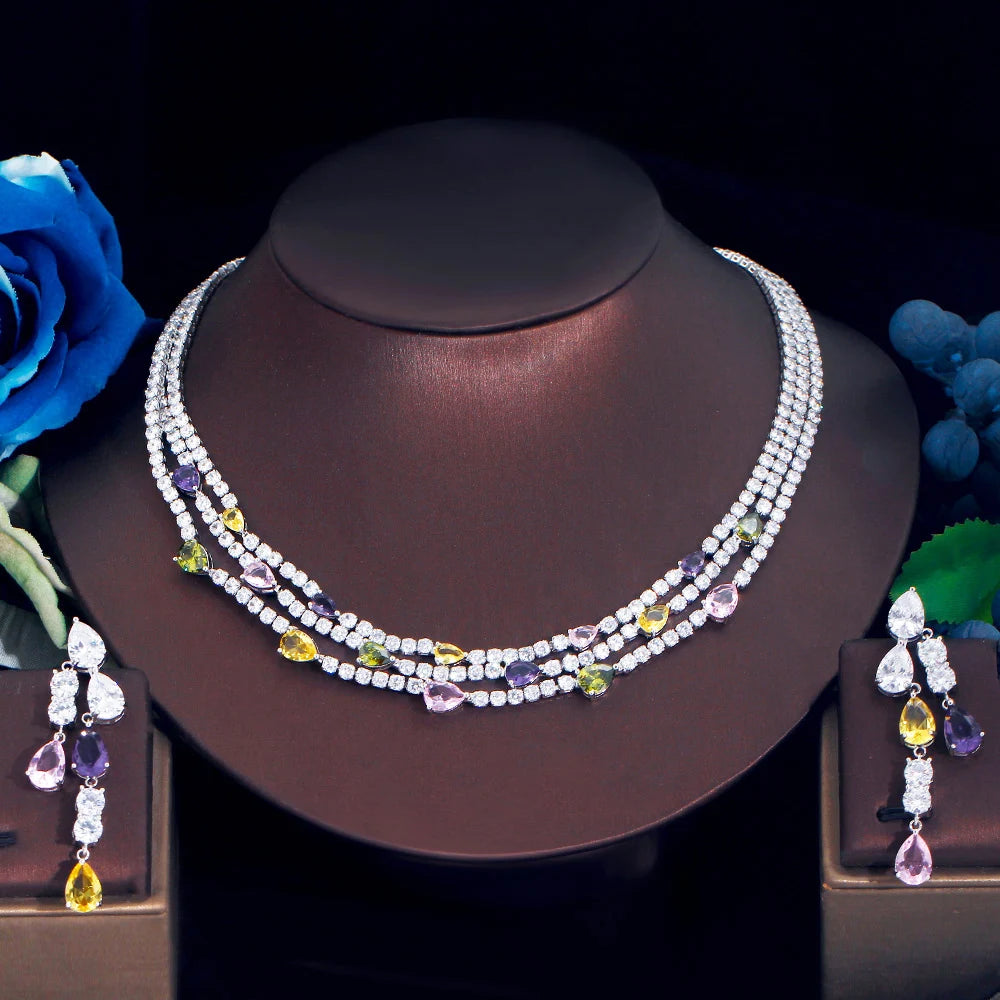 ThreeGraces Shiny Colorful Cubic Zirconia 3 Rows Multi Layer Bridal Wedding Choker Necklace Earrings Jewelry Set for Women TZ784 Natalia Home Fashion   Silver-Color Natalia Home Fashion