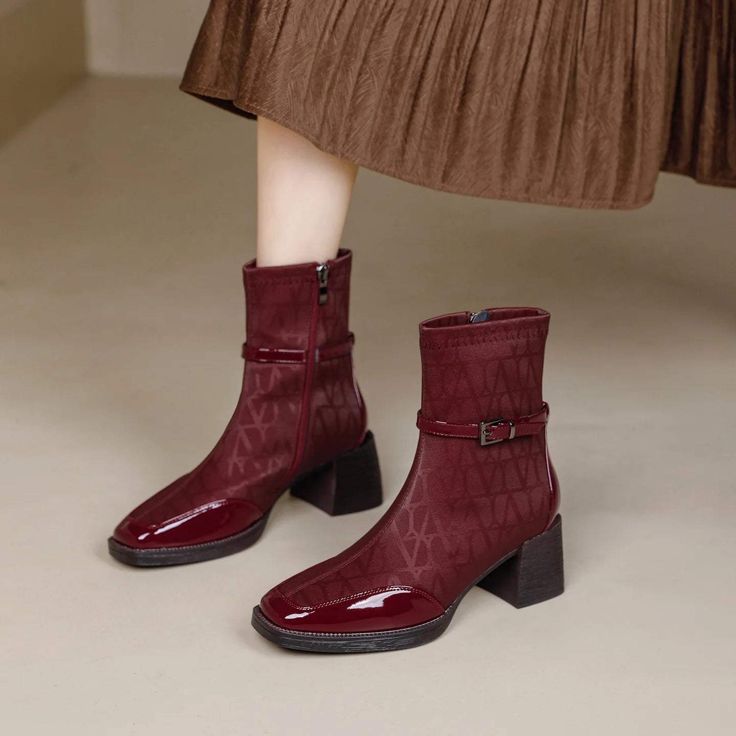 Women's Side Zipper Boot High Heel Short Boot Winter Mid-Calf Boot Chinese Style National Wedding Boot
