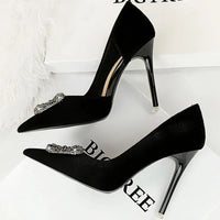 Women 10.5cm Super High Heels Pointed Toe Side Hollow Work Pumps Metal Crystal Buckle Velvet Stiletto Fashion Banquet Lady Shoes