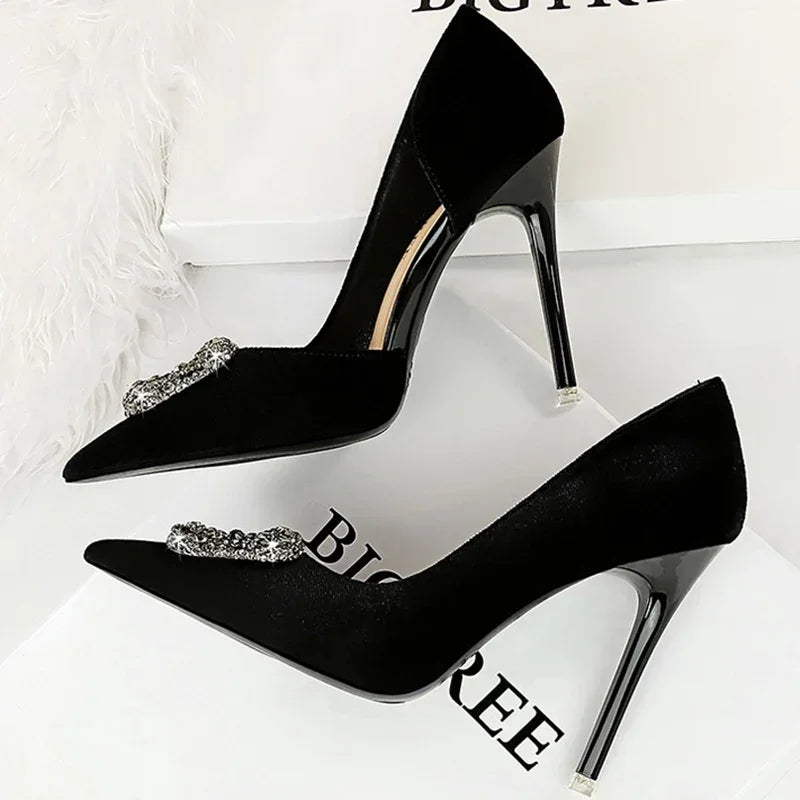 Women 10.5cm Super High Heels Pointed Toe Side Hollow Work Pumps Metal Crystal Buckle Velvet Stiletto Fashion Banquet Lady Shoes