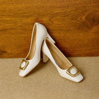 Basic Shallow Square Toe Women Pumps High Quality PU Leather Matte Thick Heel Office Shoes Woman Maroon 7CM High Heels