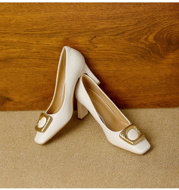 Basic Shallow Square Toe Women Pumps High Quality PU Leather Matte Thick Heel Office Shoes Woman Maroon 7CM High Heels