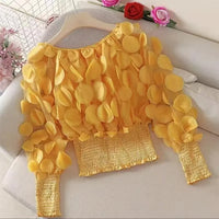 Fashion Women's Shirt Floral Pattern Shirred Sheer Mesh Patch Long Sleeve Off The Shoulder Gigot Sleeve Top