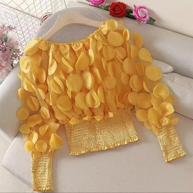 Fashion Women's Shirt Floral Pattern Shirred Sheer Mesh Patch Long Sleeve Off The Shoulder Gigot Sleeve Top
