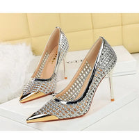 Fashion Metal Decoration Pointed Toe Pumps Woman Thin Heels Sexy Hollow Out Ladies Shoes