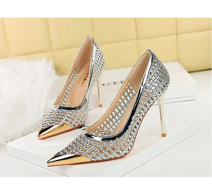 Fashion Metal Decoration Pointed Toe Pumps Woman Thin Heels Sexy Hollow Out Ladies Shoes