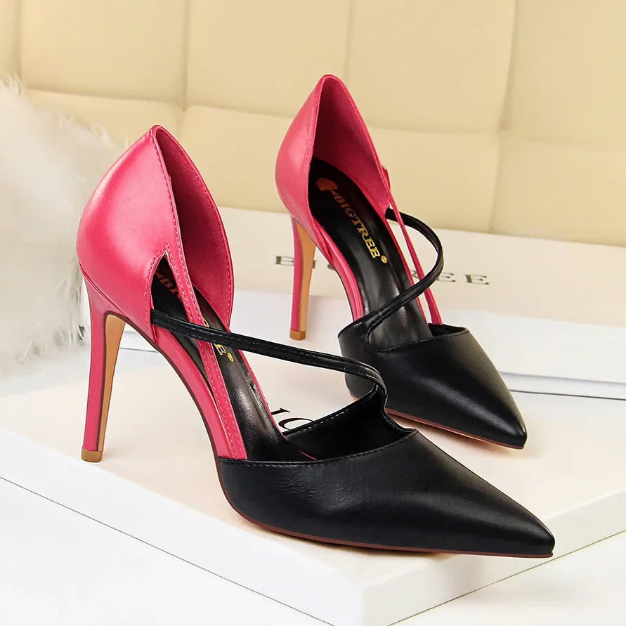 Women 9.5cm High Heels Sandals Nightclub Stripper Heels Sexy Patchwork Party Ankle Strap 2 tone Shoes