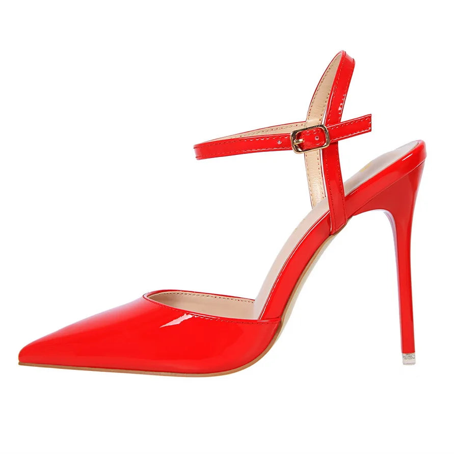 Women 10.5cm High Heels Sandals Lady Metallic Gray Patent Leather Stripper Ankle Strap Sandals Wedding Fetish Nightclub Shoes