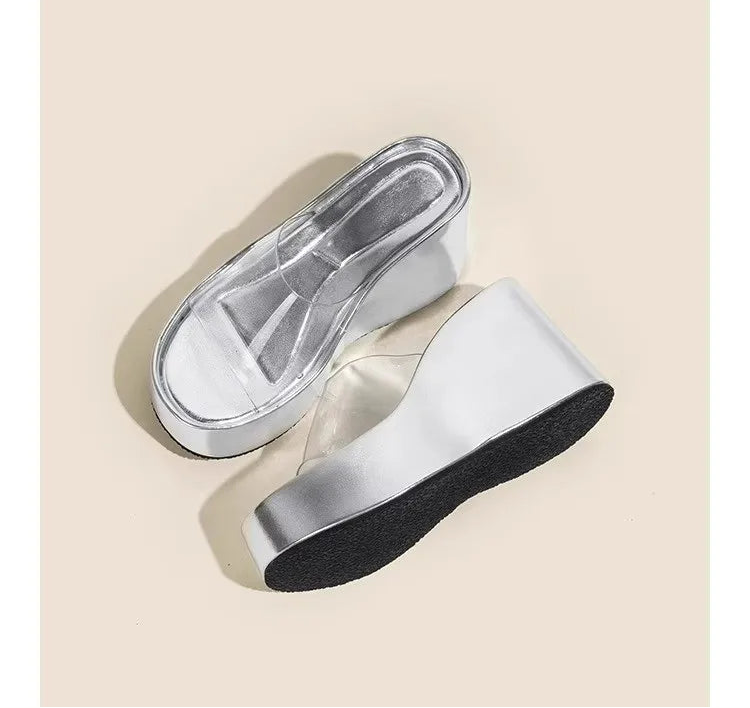 Thick Heel Platform Sandals Women's Summer Casual round Head PVC Material Beach Slippers Transparent Strap Casual Slip-On Shoes