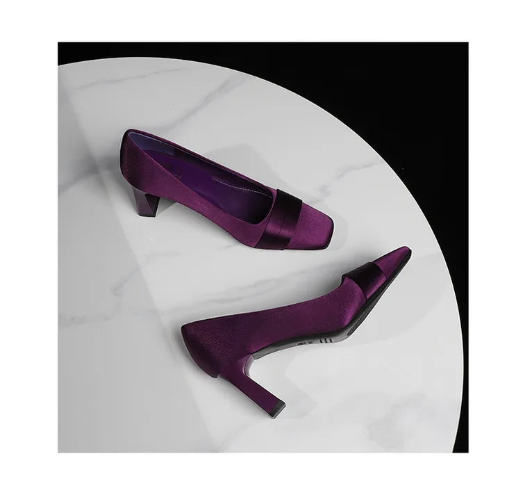 Elegant Satin High Heels Square Toe Slip-On Chunky Heel Comfortable Women's Shoes for Party Fashion Footwear Summer Autumn