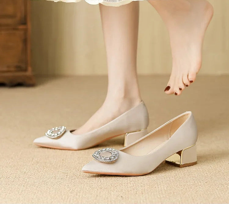 Soft Leather Black Pointed Toe Work Shoes Spring Autumn New Style Comfortable Thick Heel Professional Soft Bottom Shoes