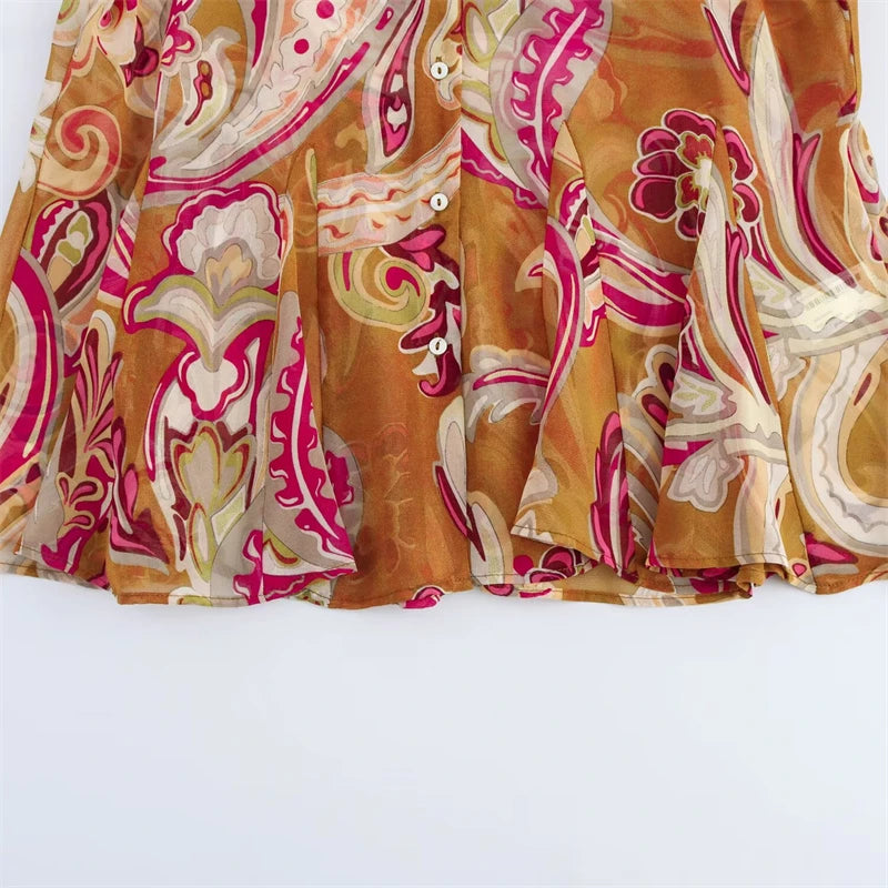 Spring New Ethnic style Flower Print Chiffon Shirt Single Breasted Tiered Ruffles Women's Sheer Top Thin Blouse