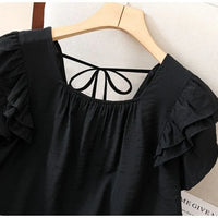 Loose Summer Top Black Square Collar Short Sleeve Women's Fashion plus Size Clothing Breathable Comfortable Cotton Fabric