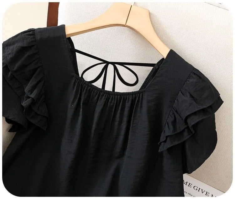Loose Summer Top Black Square Collar Short Sleeve Women's Fashion plus Size Clothing Breathable Comfortable Cotton Fabric