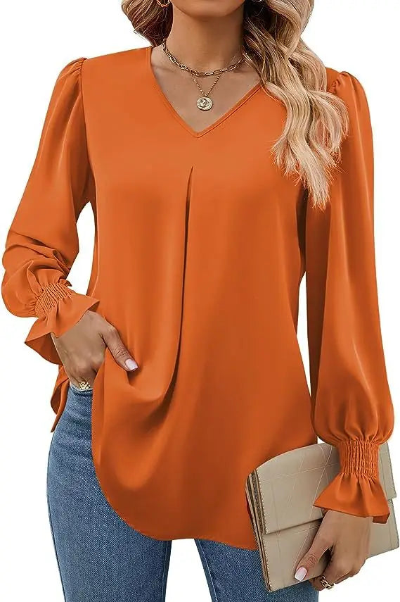 Fashion Simple Solid Color Pullover Shirt Women Loose V-neck Flared Sleeve Shirts Top Female Elegant Commuting Clothing