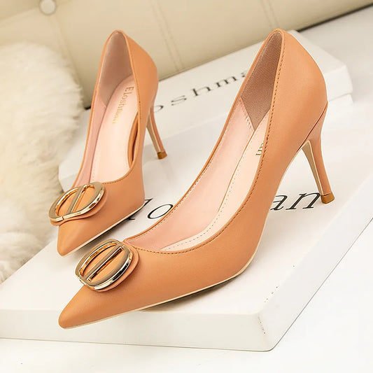 Sexy Women's Stiletto High Heels Shallow Mouth Pointed Toe Metal Buckle Party Single Shoes - Natalia Home Fashion
