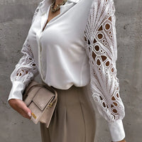 women's solid color lace stitching shirt with Bubble Sleeves embroidery cut out shirt for women
