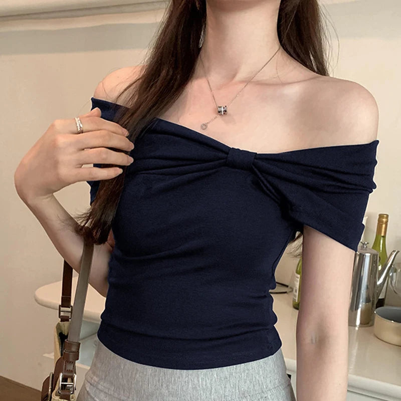 Summer Off Shoulder Bow Short Sleeve T-Shirt Women Stylish Ruched Slash Neck Cropped Tops Daily All-Match Solid Slimming Blouses Natalia Home Fashion    Natalia Home Fashion