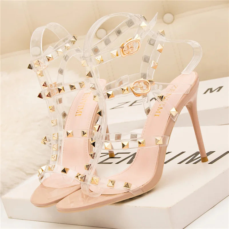 Summer Women 10cm Super High Heels Sandals Rivets Studded Stripper Valentine Strap Heels  Wedding Luxury Shoes