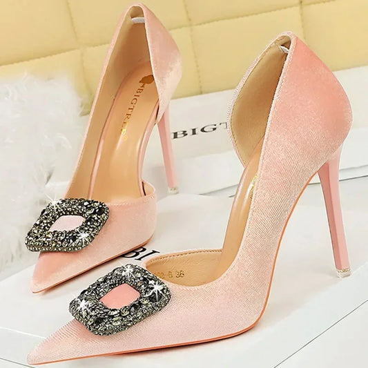 Women 10.5cm Super High Heels Pointed Toe Side Hollow Work Pumps Metal Crystal Buckle Velvet Stiletto Fashion Banquet Lady Shoes