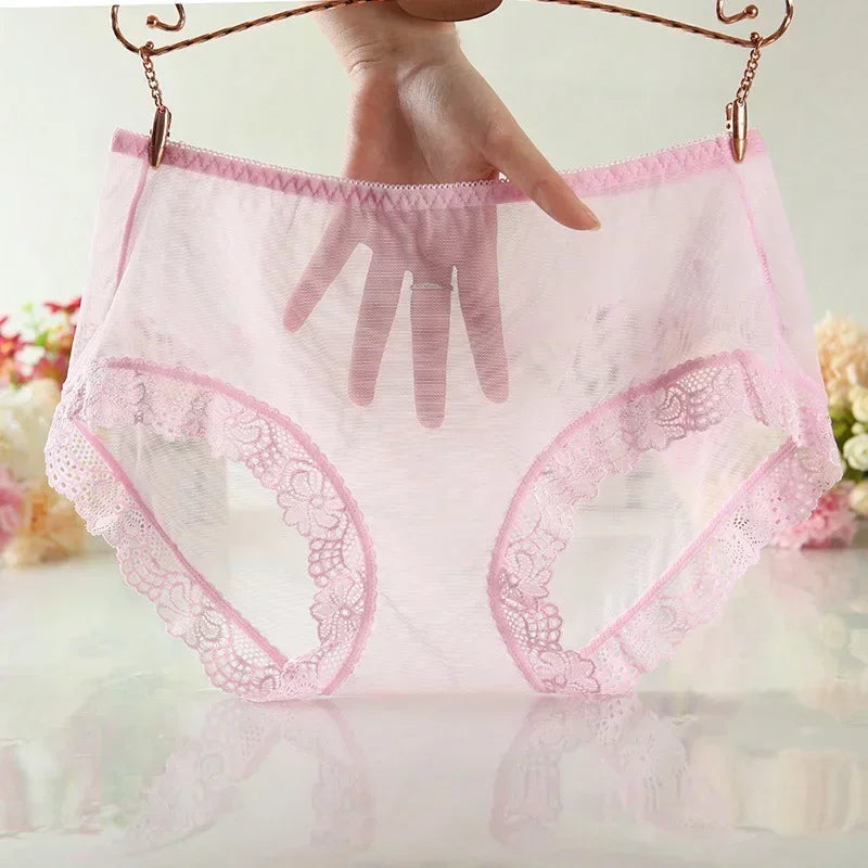 Sexy Women's Transparent Briefs Solid Color Ultra-Thin Mesh Seamless Lace Edge Underpants Underwear Panties Briefs Female