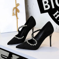 Banquet Pointed Toe High Heels Diamond Chain One-Strip Thin Heel Super High Heels Light Mouth Elegant Lace-Up