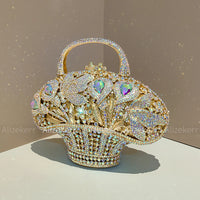 Flower Basket Crystal Evening Bags Women Luxury Designer Elegant Bling Rhinestone Metallic Clutch Purses Wedding Party