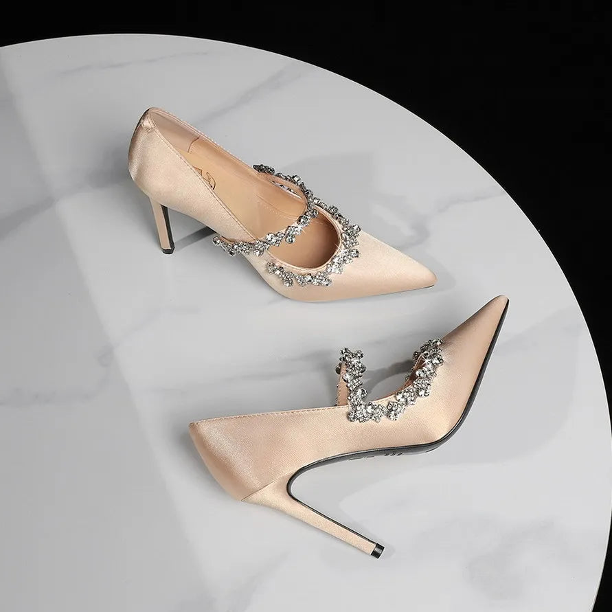Elegant French Style High Heels Women's Satin Pointed Toe Shoes with Water Diamond Decoration Thin Heel Single Shoes