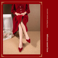 Women's Chunky Heel Pointed Toe Slip-On Shoes Wedding Dress Two-Way Wear Pearl Red Bridal Shoes Spring Autumn New Style
