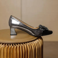 Rhinestone Camellia Flower Women's Shoes Square Toe Thick Heels 5cm Ladies Pumps Party Shoes
