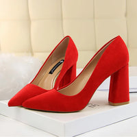 Summer Women 8.5cm High Heels Pumps Elegant Sweet Lady Wedding Block Square Middle Heels Flock Suede Nightclub Shoes