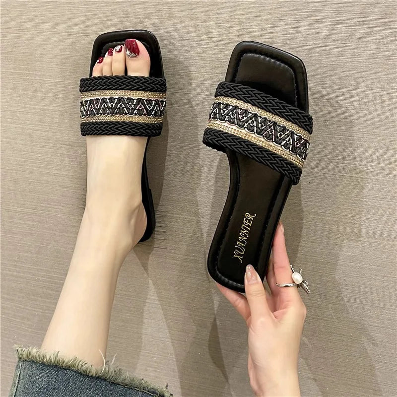 Fashion Women's Slippers Versatile Straw Woven Retro Flat Sandals Ethnic Casual Classic Flip Flops