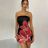 Summer Sexy Waist-Cinching Floral Dress Beach Sand Beach Crossbody Strapless Short Skirt Polyester Fabric Street Style