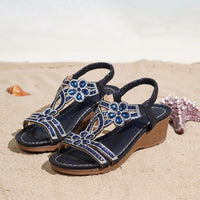 Bohemian Style Thick Heel Sandals Summer Fashion Beach Diamond Women's Shoes round Head Roman Style PU Leather Roman Sandals