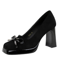 Chunky Block Heels Women Pumps Bow Decoration High Heels Square Headed Platform High Heels Suede Ladies Shoes