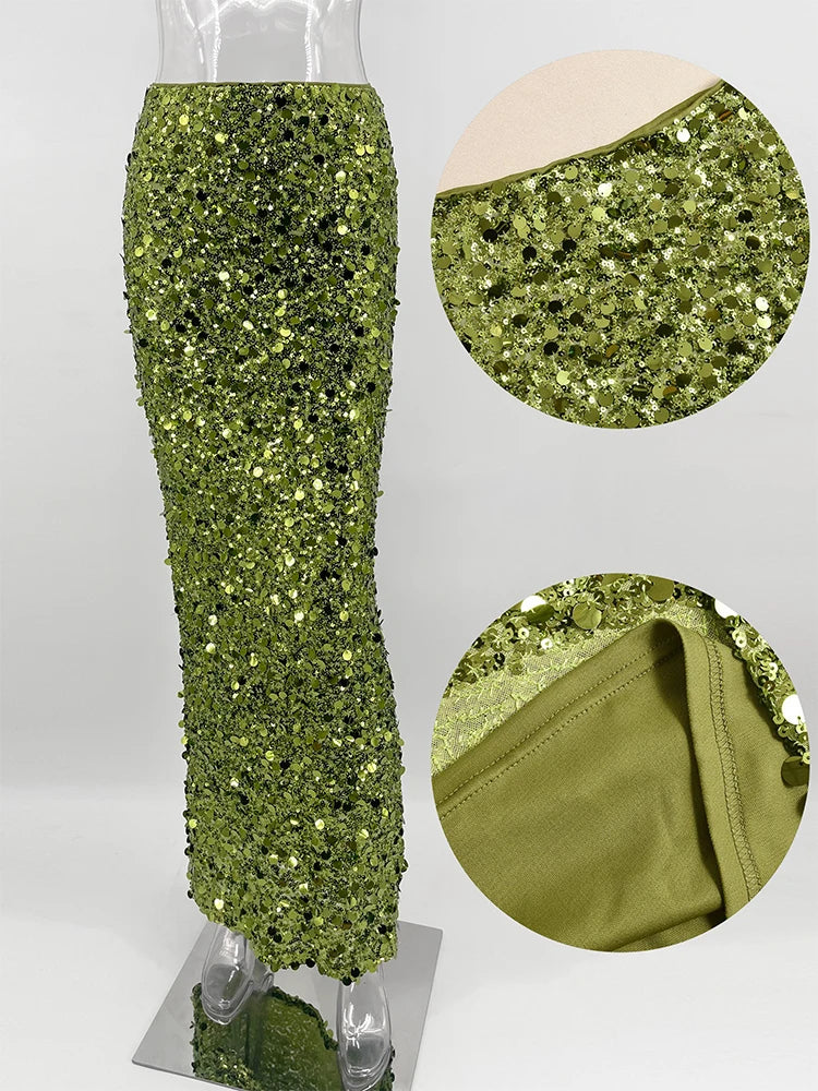 Trendix Party Green Shiny Skirts For Women High Waist Fashion Sequin Patchwork Long Skirts Femme 2024 New Trendy Skirt Clubwear Natalia Home Fashion    Natalia Home Fashion