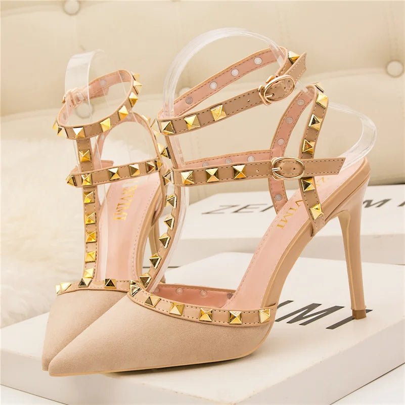 Summer Women 10cm Super High Heels Sandals Rivets Studded Stripper Valentine Strap Heels  Wedding Luxury Shoes