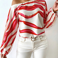 Elegant Printed Sleeve Shirt Independent Station Cross-Border Women's Long Sleeve One-Shoulder Loose Top Commute Style