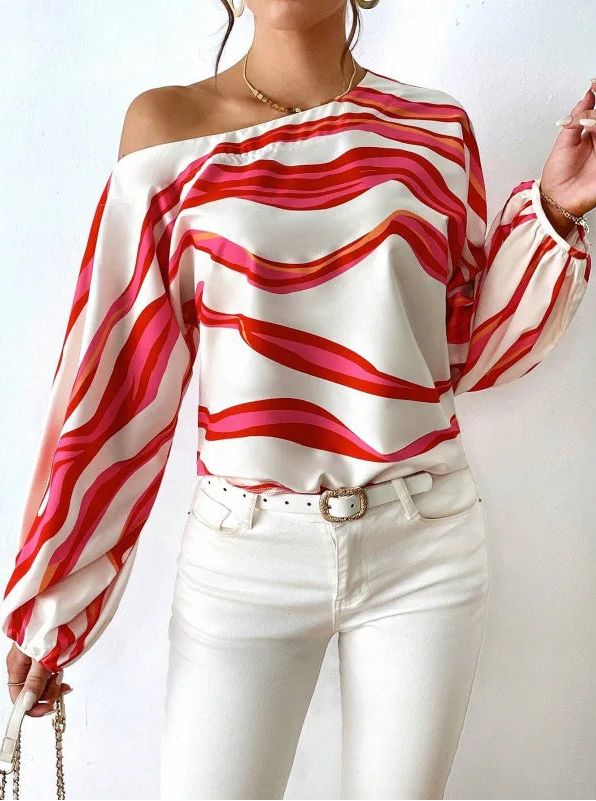 Elegant Printed Sleeve Shirt Independent Station Cross-Border Women's Long Sleeve One-Shoulder Loose Top Commute Style