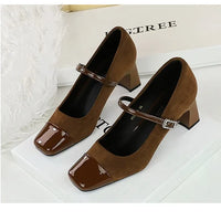 Leopard Print Women Pumps Suede Middle Heel Shoes Sexy Mary Jane Shoes Rhinestone Buckle Ladies Shoe Square Head