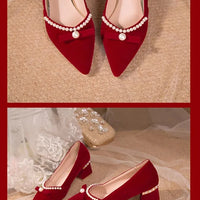 Women's Chunky Heel Pointed Toe Slip-On Shoes Wedding Dress Two-Way Wear Pearl Red Bridal Shoes Spring Autumn New Style