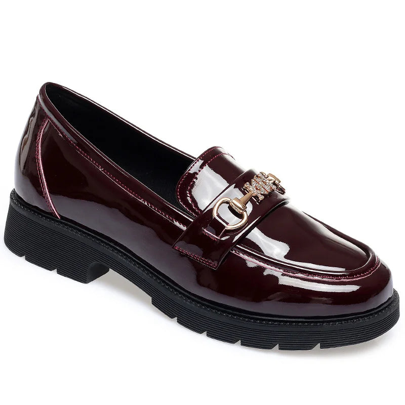 Women's Mary Jane Platform Shoes Round  Head Spring New Metal Chain Casual Soft Patent Leather Slip on Loafers