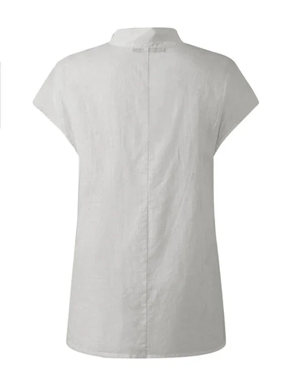 Women Cotton Linen Stand Collar Blouses Cap Sleeves Solid Color Loose Fit Casual Fashion Female Shirts Tops