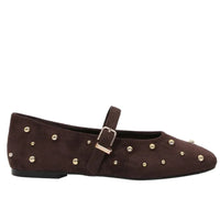 Round Toe Rivets Women Mary Jane Shoes Brown Faux Suede Metal Belt Non-slip Soft Sole Retro Design Ladies Flats