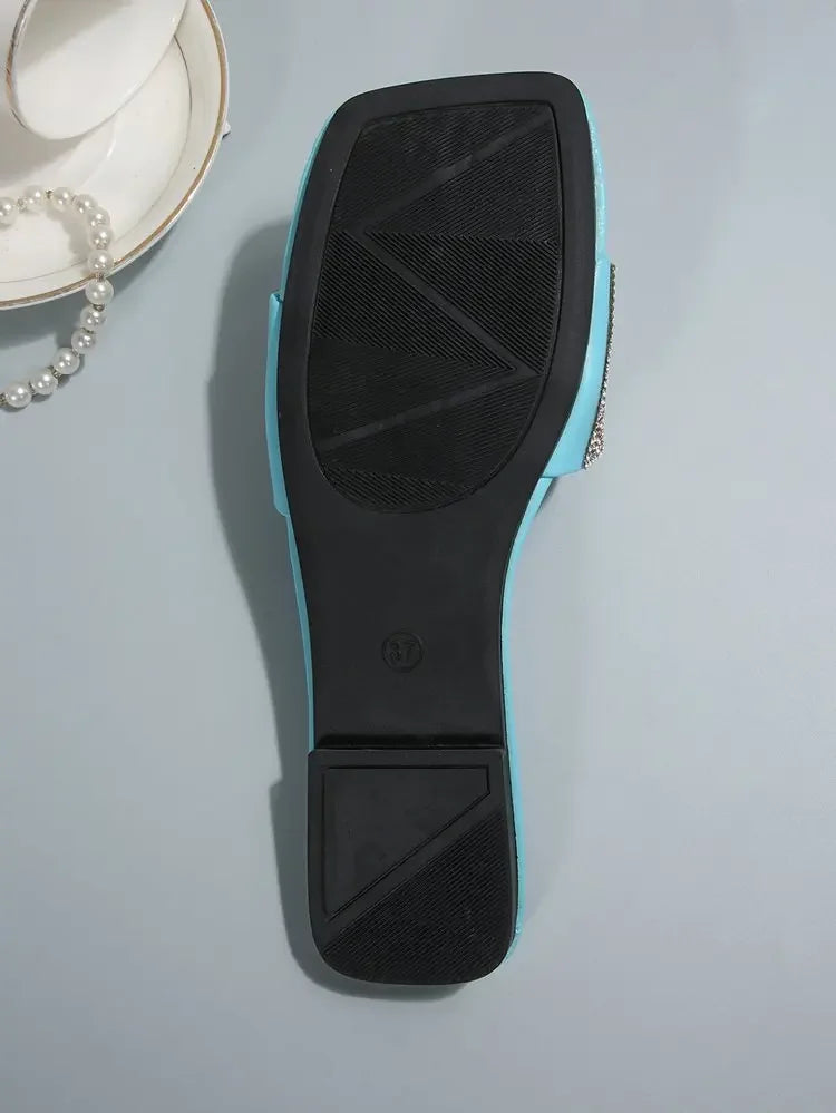 Women's Sandals Flat Bottom Slip-On Shoes Crystal Shiny Sequin Style Square Head Open-Toe Flat Heels