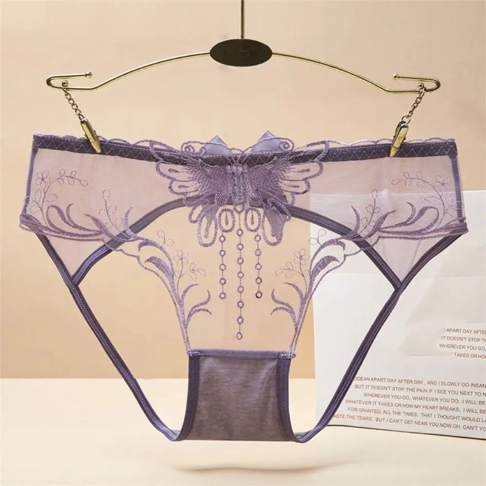 Low Waist Bowknot Lace Hollow Briefs Thin Leaf Flower Mesh Transparent Panties Underpants Open Cotton Crotch