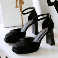One-Strip Ultra-High Heel Sandals Platform Thick Heel Bow Women Shoes Square Toe Shallow Mouth Hollow Shoes