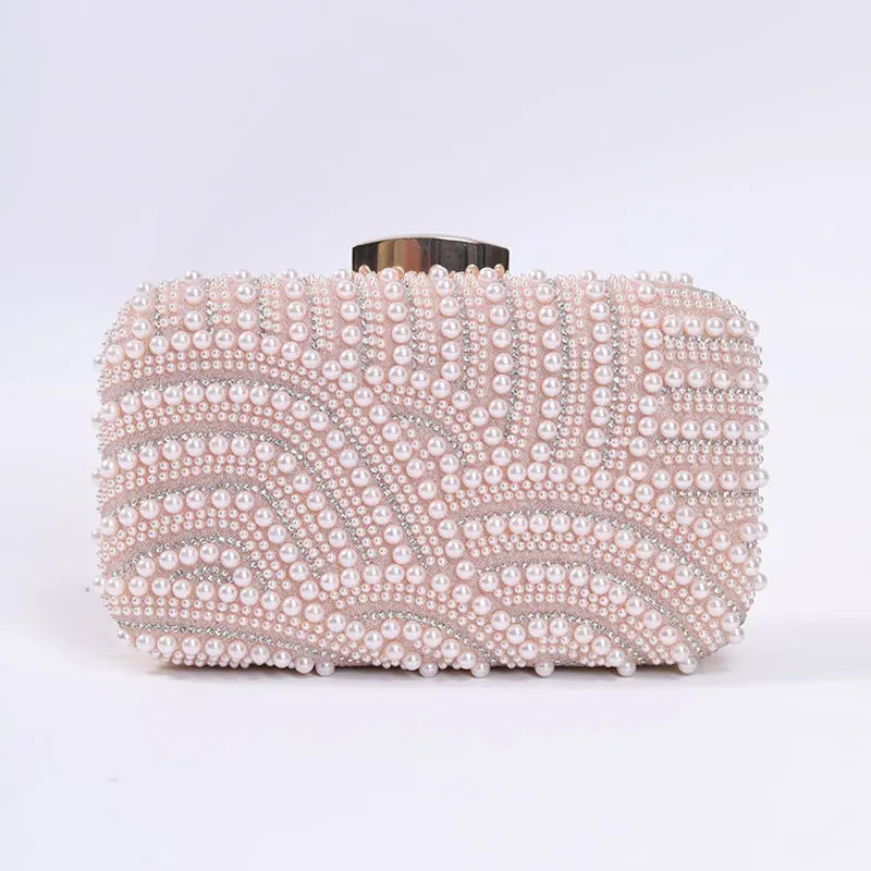 Ladies Pearl Elegant Evening Bag Fashionable Stylish Beading Wedding Dinner Party Banquet  Dress Clutch Bag with Long Chain