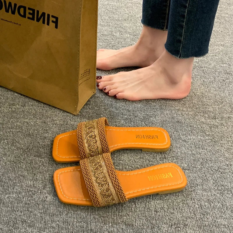 Fashion Women's Slippers Versatile Straw Woven Retro Flat Sandals Ethnic Casual Classic Flip Flops